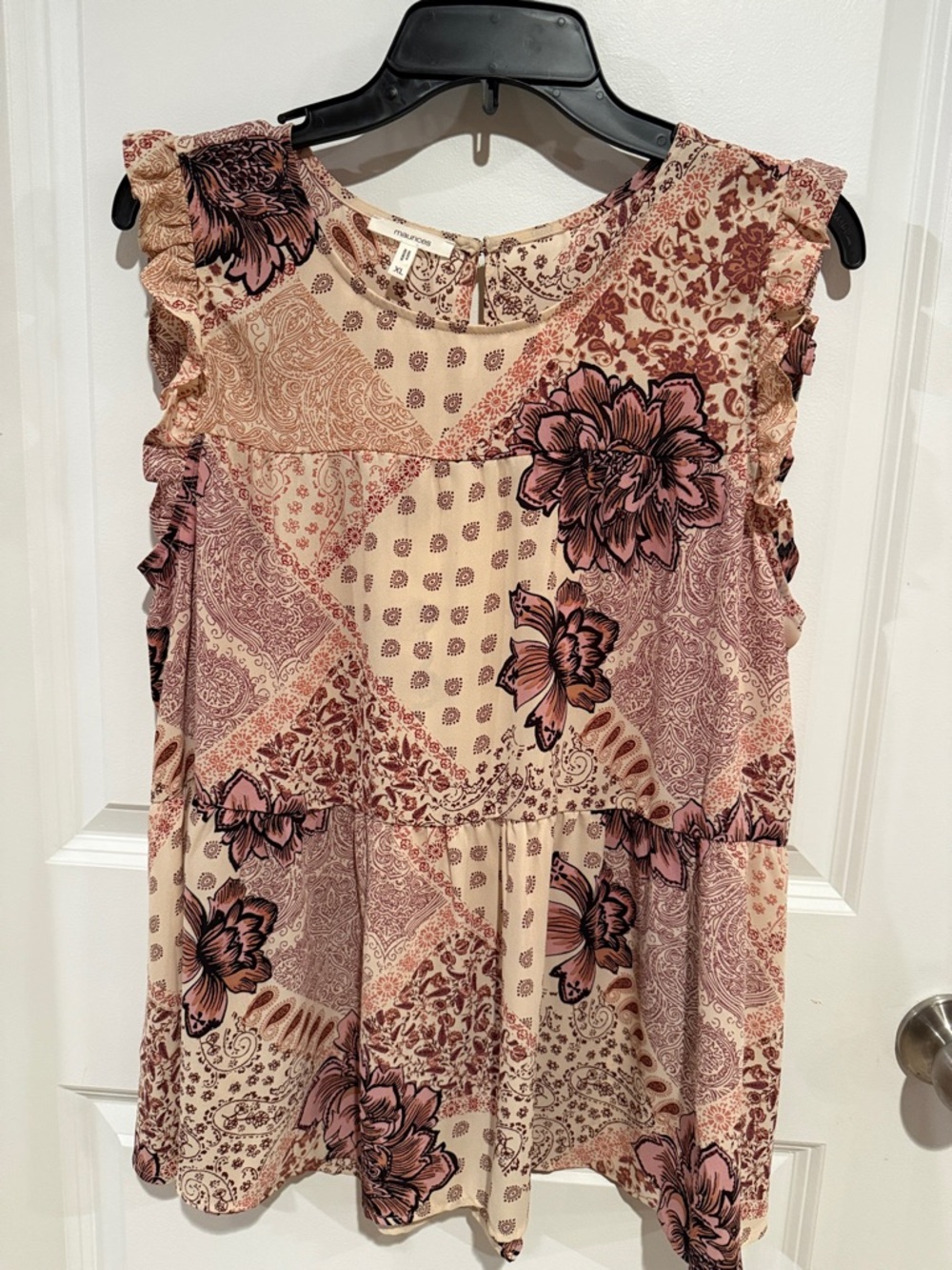 Maurices Pink and Cream Floral Patchwork Ruffle Tank